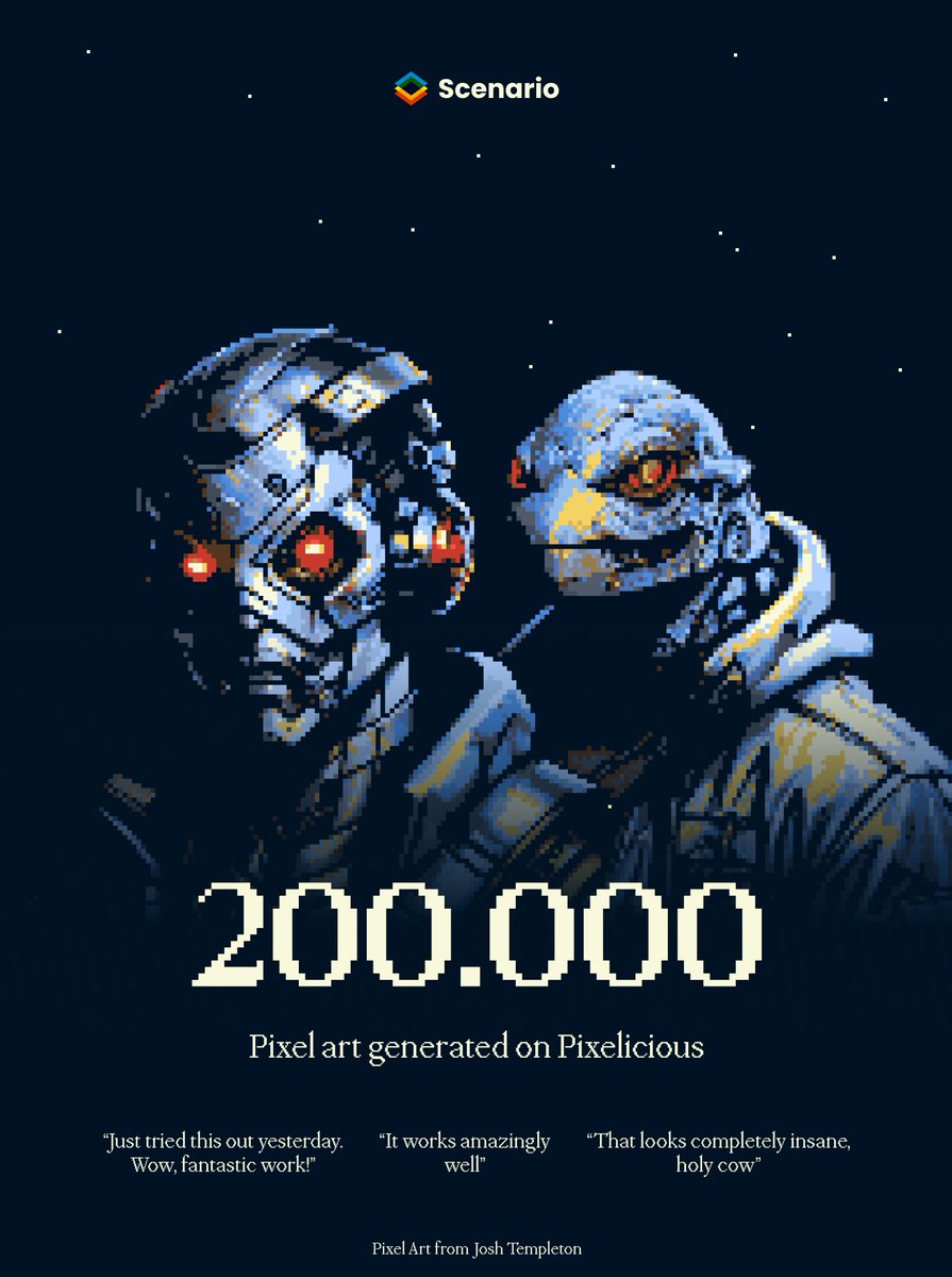 HugoDuprez's tweet photo. Yay, 200K pixel art was created with my Pixelicious tool!
Thank you all ❤️ Soon right into @Scenario_gg!
These sprites are made by Josh Templeton, watch out for the game. I saw some stuff and you're not ready!
@rodrigon @followmarcos @emmanuel_2m https://t.co/D9BEoXiroF