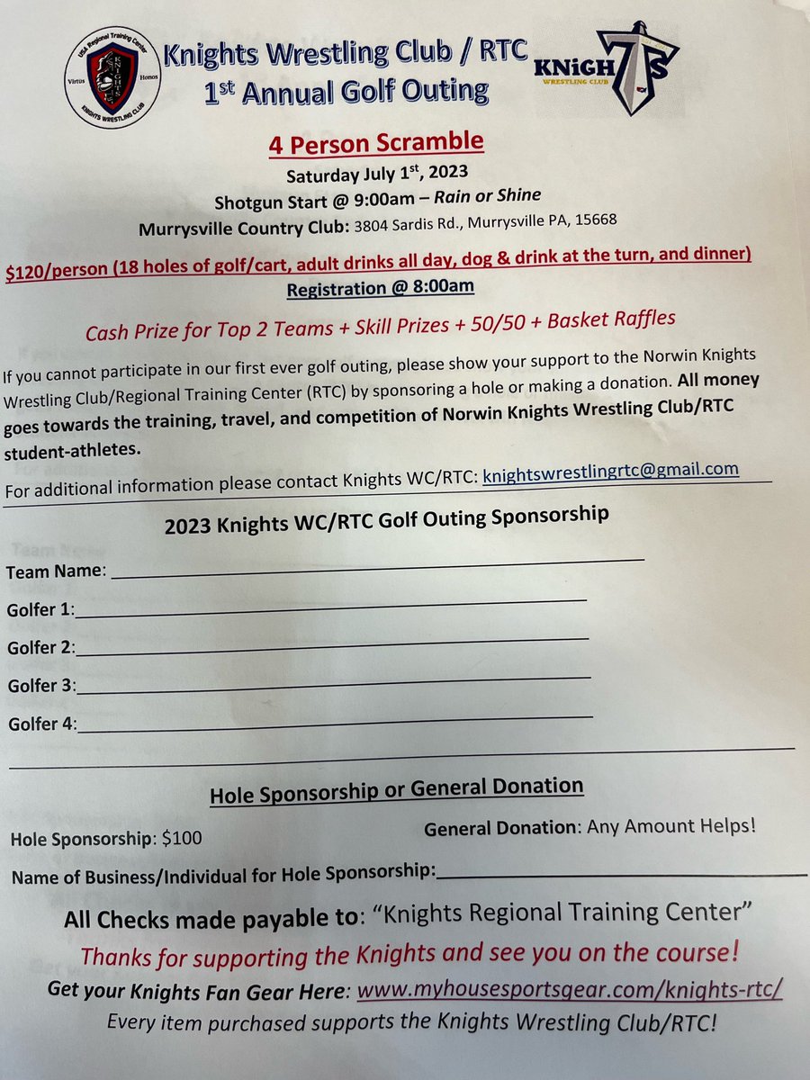 Looking for support &amp; participation for our 1st annual golf outing benefiting the Knights Regional Training Center (RTC). <a href="/Knights_RTC/">Knights Regional Training Center (RTC)</a> <a href="/nateycams/">nate</a> 

- Saturday July 1st. 
- Players/Teams 
- Sponsors 
- Gifts/Donations 
- General help 

Thanks in advance for any/all help! ⛳️ 🤼‍♂️