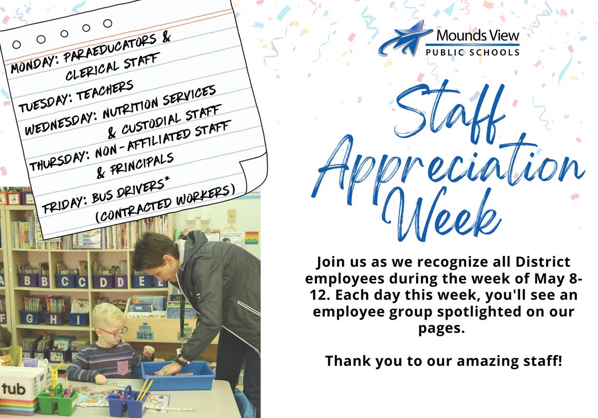 During the week of May 8, Mounds View Schools will recognize all staff during Staff Appreciation Week. Each day, you'll see an employee group spotlighted. Stay tuned for opportunities to recognize staff members, including sending a custom e-card. mvps.me/3mV5qAU