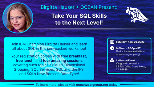 OCEANUserGroup's tweet image. Register now &amp;amp; secure your seat for a jam-packed in-person #SQL workshop led by @IBMChampions Birgitta Hauser on Saturday, April 29th! #SQLCanDoIt #IBMi @BirgittaHauser oceanusergroup.org