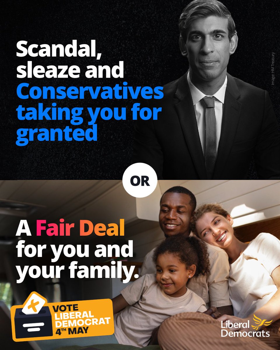 LibDems's tweet photo. It doesn't have to be this way. 

The Conservatives have given you nothing but scandal, sleaze and failure. They are out of touch, out of ideas and out of excuses. ❌

On 4 May elect Liberal Democrat community champions who will fight for a Fair Deal for you and your family. 🔸 https://t.co/NfuEPFIQjV