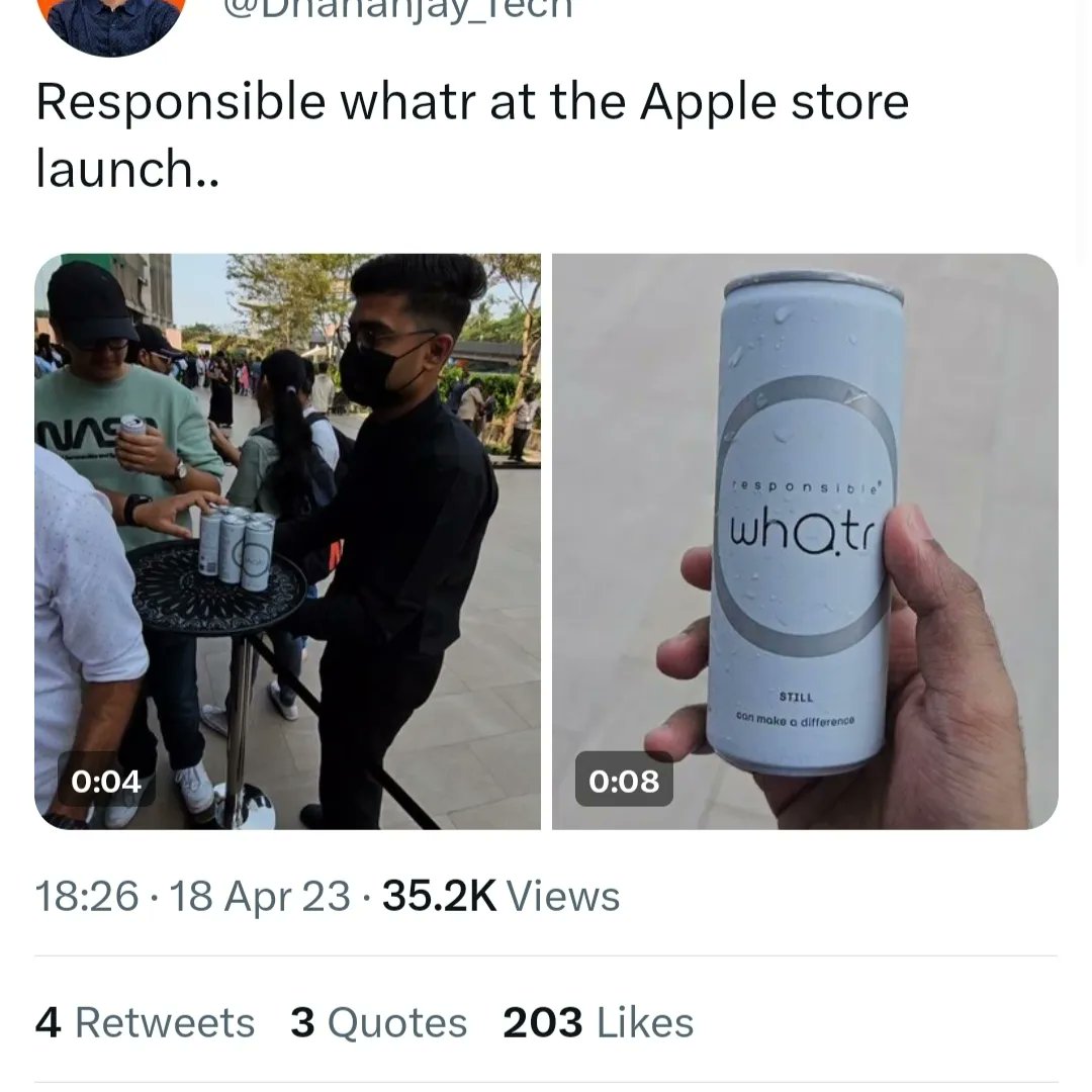 ankurchawlaa's tweet photo. @responsiblwhatr at the launch of  @Apple stores Delhi and Mumbai.. A surreal moment for us when we found out that @responsiblwhatr cans are being served at the launch of @Apple stores in India. A validation of our commitment to sustainability. Ty @Apple https://t.co/evryhkvFLC