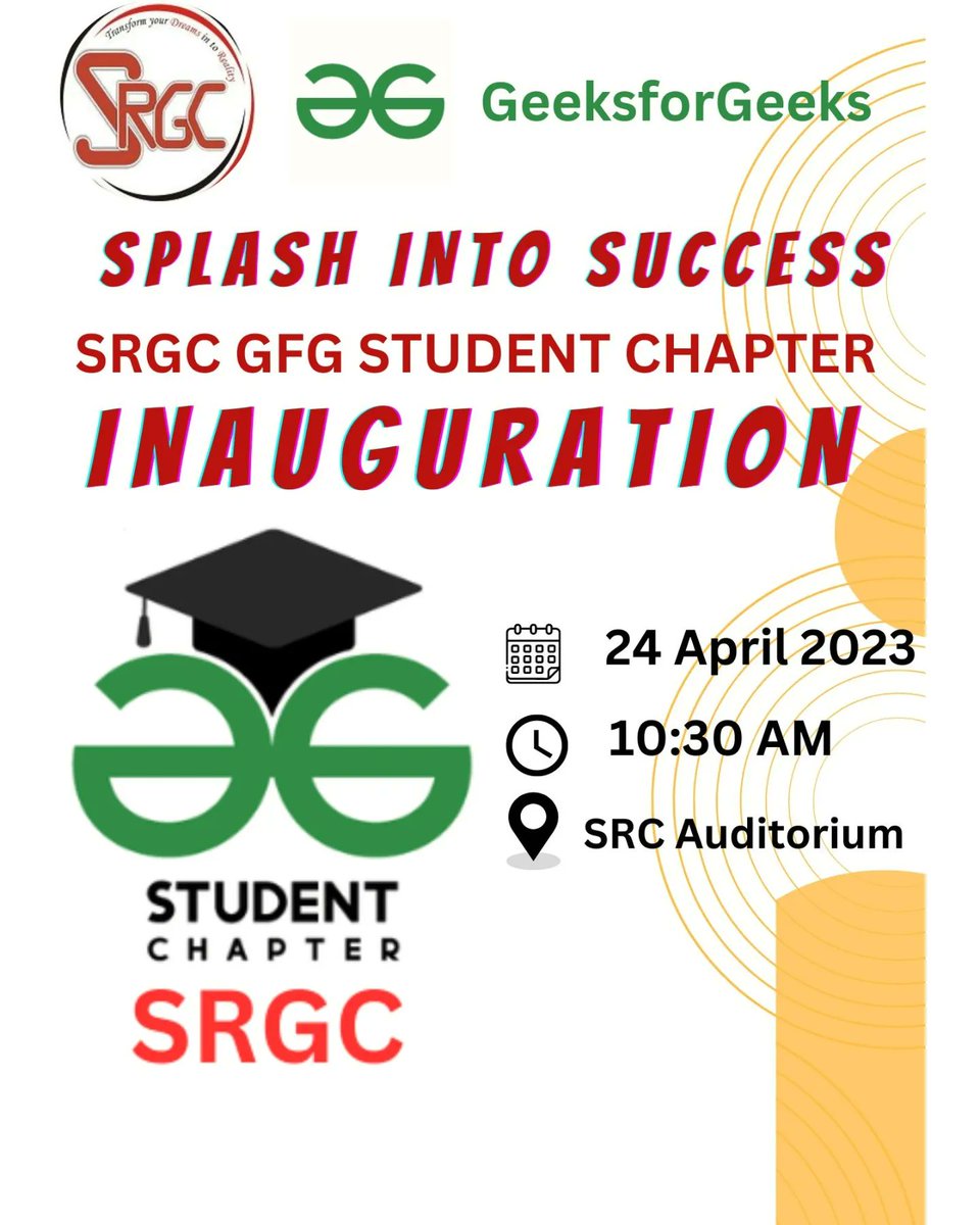 gfg_srgc's tweet photo. 🎉 Finally, the wait is over! Join us on April 24th at 10:30 am as we celebrate the launch of SRGC GFG Student Chapter! We are thrilled to inaugurate this new chapter and can't wait to see all the amazing things that will come from it. 🚀 #SRGC #GFG #StudentChapter #Inauguration https://t.co/HGcjxYroGN