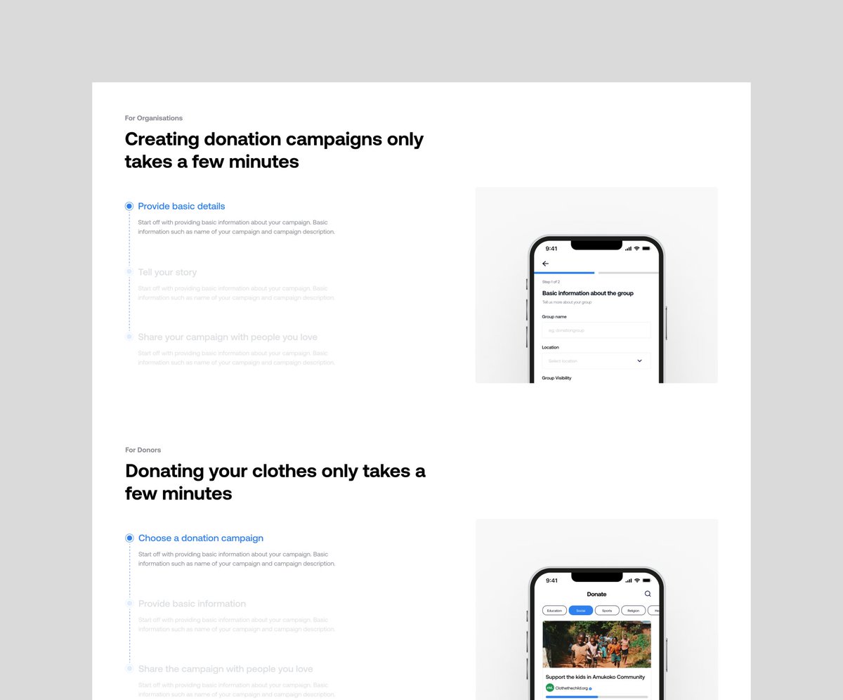 22naee's tweet photo. Hello, Design Twitter! I designed and prototyped a landing page for a clothing donation application with Figma. https://t.co/jh3vanGIEi