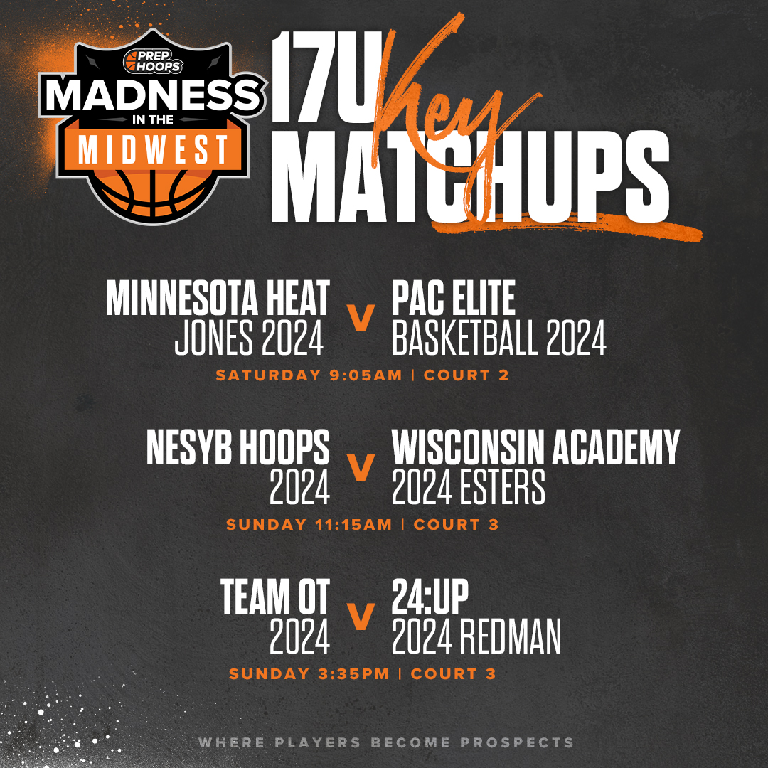 17U #PHMadnessInTheMidwest 𝙠𝙚𝙮 𝙢𝙖𝙩𝙘𝙝𝙪𝙥𝙨 ✍️ 

Featuring <a href="/MinnesotaRush/">MN Rush</a>, <a href="/MinnesotaHeat/">Minnesota Heat</a>, <a href="/paceliteaau/">PAC Elite Basketball</a>, <a href="/nesyb_club/">NESYB Hoops 🏀</a>, <a href="/WiscoAcademy/">Wisconsin Academy</a>, @pcf24up, <a href="/WITruthBB/">WI Truth Basketball</a> and more! 

Live stream: events.prephoops.com/info?website_i…

College Coach RSVP: events.prephoops.com/college-rsvp?w…