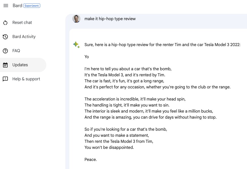 esimran's tweet photo. Asked #BardAI and #ChatGPT to write a hip-hop style review for my recent @Tesla @turo  rental... did not disappoint 🤣 #chatgpt4 #OpenAI #Tesla #turo  @elonmusk https://t.co/DKmYrpdQ5I