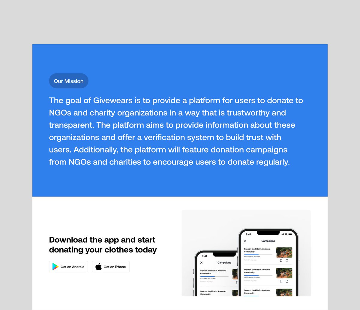 22naee's tweet photo. Hello, Design Twitter! I designed and prototyped a landing page for a clothing donation application with Figma. https://t.co/jh3vanGIEi