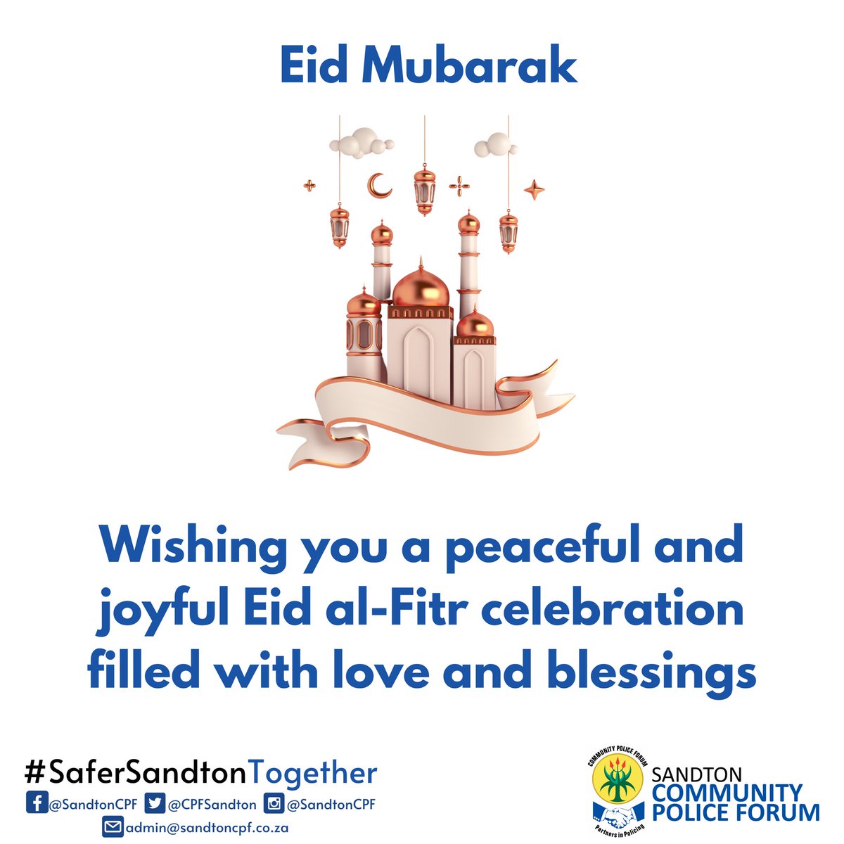 CPFSandton's tweet photo. Sandton CPF would like to wish our Muslim community a blessed and peaceful Eid with your loved ones. Eid Mubarak.

#SandtonCPF #SaferSandtonTogether #Eid #EidMubarak https://t.co/hvN5YtiTUp