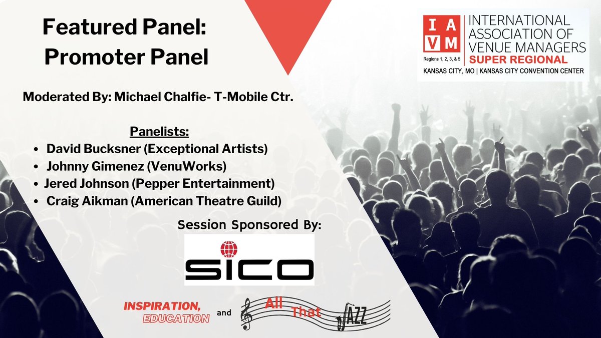 IAVMRegion3's tweet photo. Please joins us for a promotor panel May 1st at 1:45 moderated by Michael Chalfie, Vice President, Assistant General Manager at T-Mobile Center. For more information about the schedule, the conference, and Kansas City check out https://t.co/hI0OAV41Zd https://t.co/Pw64s1Jnc8