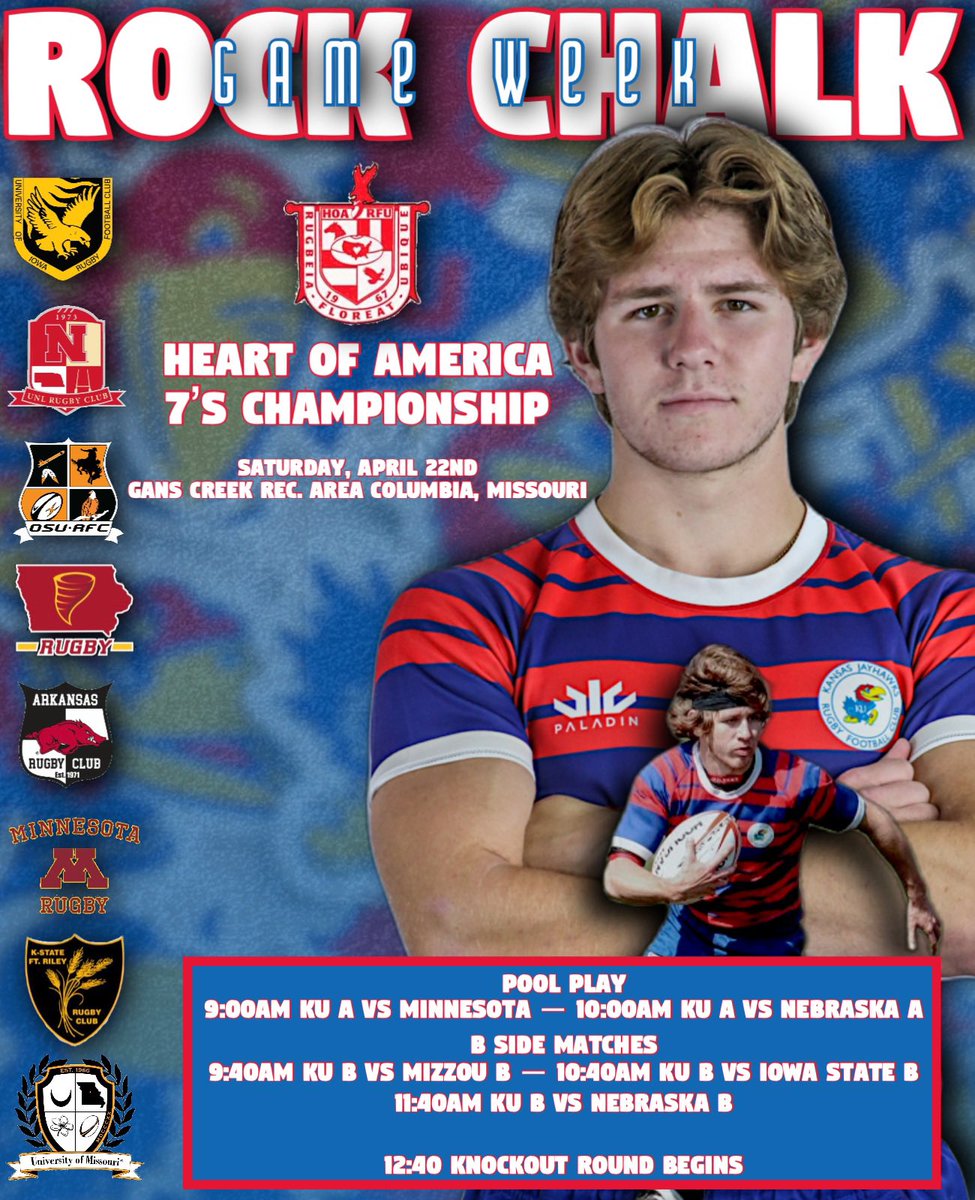 KansasRugby's tweet photo. The boys are heading to Columbia, Missouri tomorrow for the 7’s conference championship tournament. We’ll get things started with pool play @ 9 against Minnesota &amp; @ 10 we take on Nebraska. Follow our Instagram or Facebook for live updates! 
#ROCKCHALK #FAMILY https://t.co/aKVquRMoqq