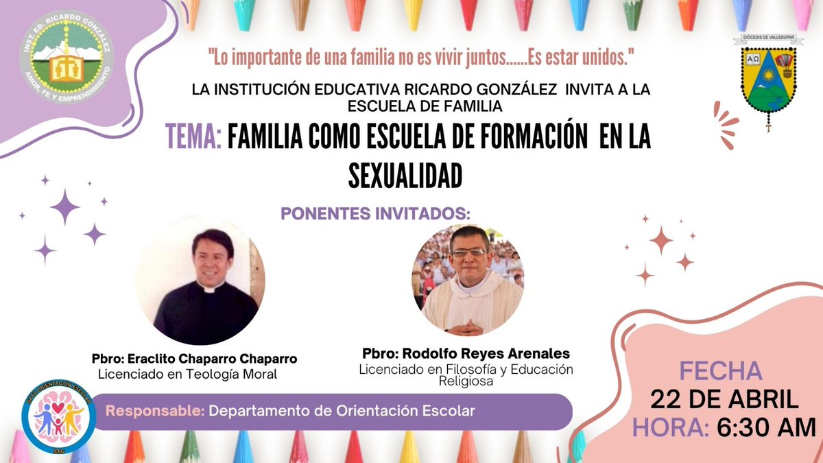 IERGVALLEDUPAR's tweet photo. La IE Ricardo González extiende la invitación a los padres de familia a participar de la Escuela de Familia, cuyo tema a tratar es  "Familia como Escuela de formación en la sexualidad".
¡Los Esperamos! https://t.co/1uL3iXaIqR