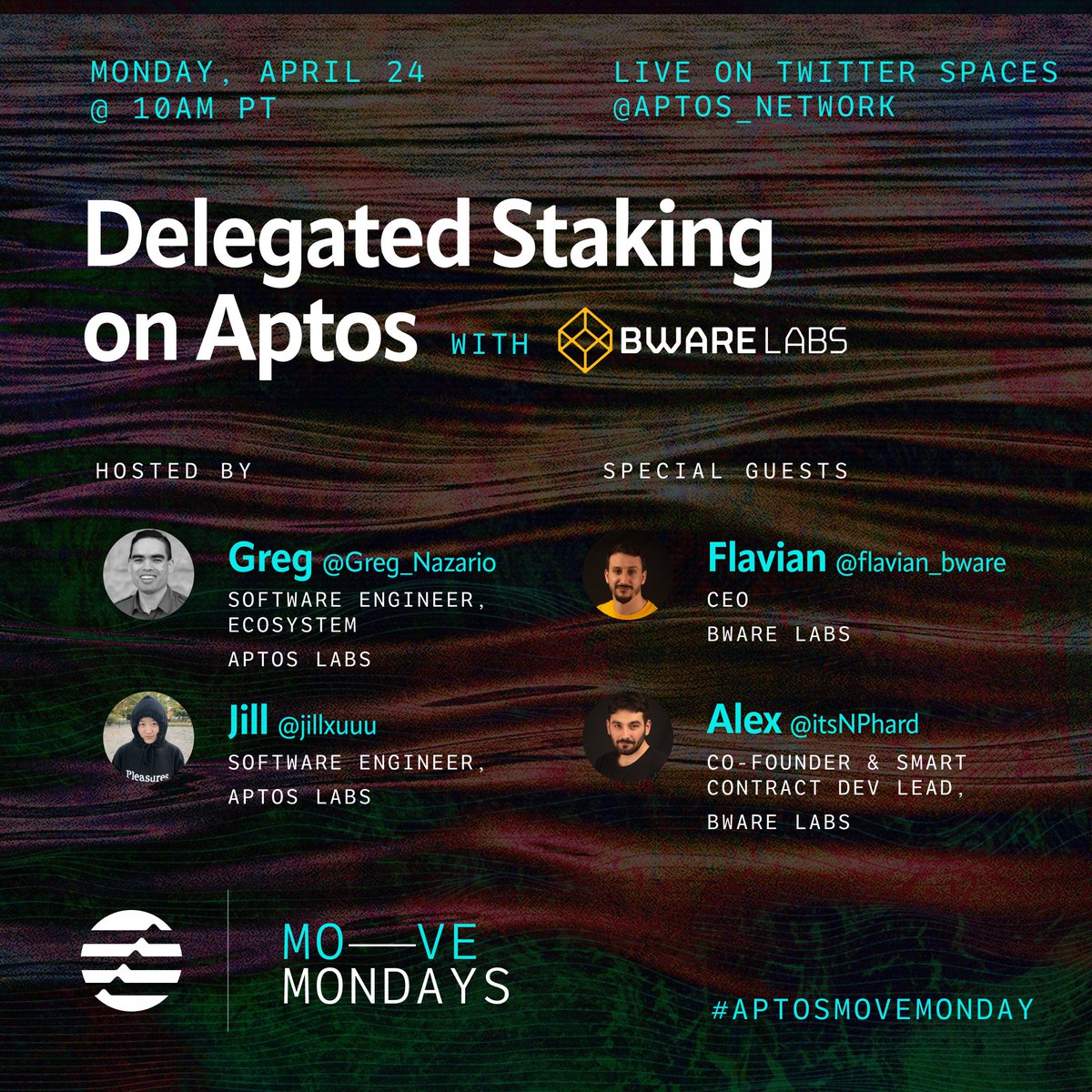 Aptos's tweet photo. Did you hear the big news? Delegated staking is now available on Aptos.

Dive into it on the next #AptosMoveMonday with @BwareLabs' @flavian_bware and @itsNPhard. The team led the development of this feature and co-wrote the smart contract!

TUNE IN 👇
https://t.co/L9FWTdtqPk https://t.co/chIK67aUfP
