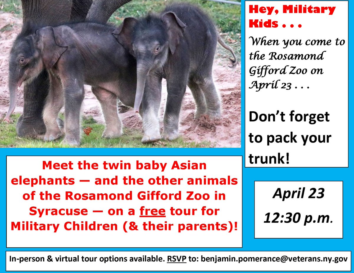 NYSEDNews's tweet photo. This Sunday: Military children and their parents can meet the baby elephant twins โ and the other animals at the @SyracuseZoo โ on a free tour! To register, email Benjamin.Pomerance@veterans.ny.gov. @NewYorkVeterans #MonthoftheMilitaryChild #MIC3Compact https://t.co/MINTvOAFXt