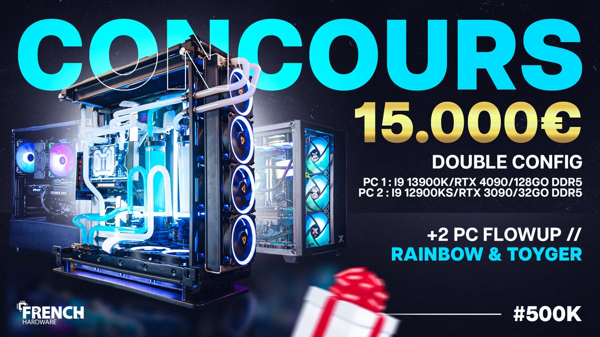 🎁 #concours ENORME PC GAMERS ! GAGNEZ un des 3 PC d'une valeur de 15,000€ Participez ici : bit.ly/40x9GUZ 3 PC dont un PC watercoolé double config i9/4090 et i9/3090 ! Un Pc @FlowUPofficiel Rainbow à 2600€ et un PC FlowUP Toyger ! TAS: 1/05/2023 18h🔴🍀