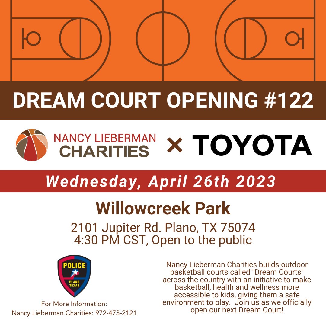 NLCharities's tweet photo. Join us as we officially open Dream Court #122 with Toyota on April 26th in Willowcreek Park!

2101 Jupiter Rd. Plano, TX 75074
Wednesday, April 26th, 2023 at 4:30pm CST
Open to the public

For more information:
Nancy Lieberman Charities: 972-473-2121 https://t.co/aECdjTyus3
