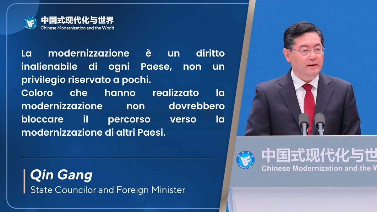 AmbCina's tweet photo. Il consigliere di Stato e ministro degli Esteri cinese #QinGang ha tenuto oggi alla cerimonia di apertura del Forum di #Lanting sulla modernizzazione cinese e il mondo un discorso programmatico dal titolo "Modernizzazione cinese: nuove opportunità per il mondo" . https://t.co/egEGpdoHOH