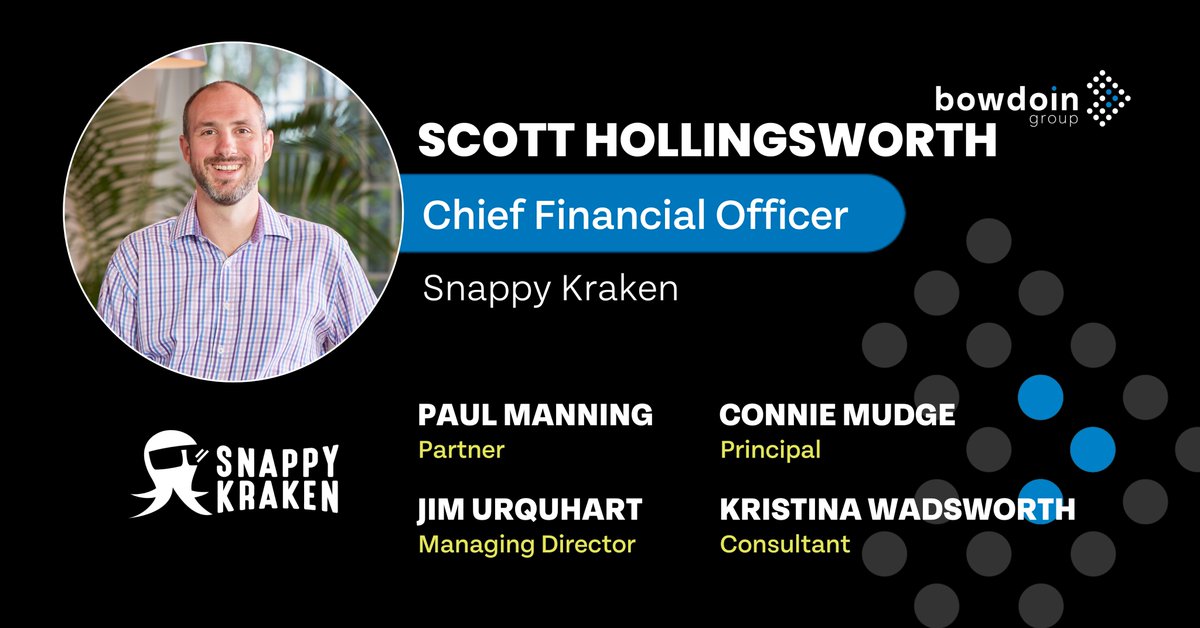 The Bowdoin Group (@bowdoingroup) on Twitter photo Congratulations to Scott Hollingsworth, the new Chief Financial Officer at Snappy Kraken.
We are grateful for our continued partnership with the <a href="/SnappyKraken/">Snappy Kraken</a> and are thrilled to see how much more is to come for this team. We wish you the best of luck in your exciting endeavors! Congratulations to Scott Hollingsworth, the new Chief Financial Officer at Snappy Kraken.
We are grateful for our continued partnership with the <a href="/SnappyKraken/">Snappy Kraken</a> and are thrilled to see how much more is to come for this team. We wish you the best of luck in your exciting endeavors!