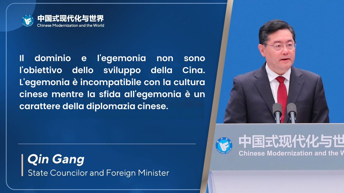AmbCina's tweet photo. Il consigliere di Stato e ministro degli Esteri cinese #QinGang ha tenuto oggi alla cerimonia di apertura del Forum di #Lanting sulla modernizzazione cinese e il mondo un discorso programmatico dal titolo "Modernizzazione cinese: nuove opportunità per il mondo" . https://t.co/egEGpdoHOH