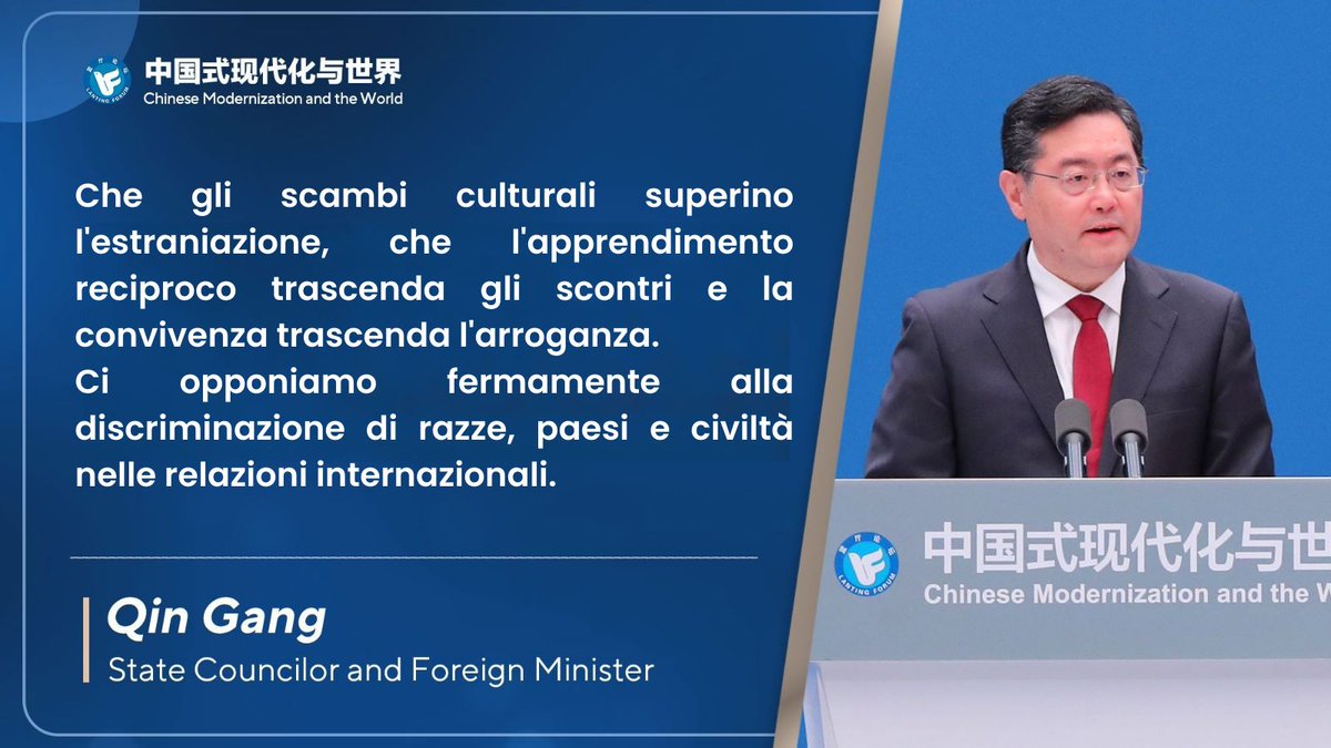 AmbCina's tweet photo. Il consigliere di Stato e ministro degli Esteri cinese #QinGang ha tenuto oggi alla cerimonia di apertura del Forum di #Lanting sulla modernizzazione cinese e il mondo un discorso programmatico dal titolo "Modernizzazione cinese: nuove opportunità per il mondo" . https://t.co/egEGpdoHOH