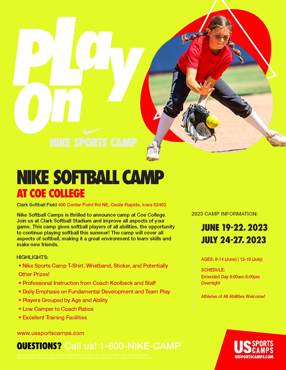 The <a href="/CoeSoftball/">Coe College Softball</a> squad is teaming up with <a href="/Nike/">Nike</a> this summer to host a pair of summer camps at Clark Field in Cedar Rapids!

Head Coach Jake Koolbeck will serve as camp director &amp; the main instructor with help from players &amp; staff! 

🔗bit.ly/3Lk4EGV

#KohawkNation