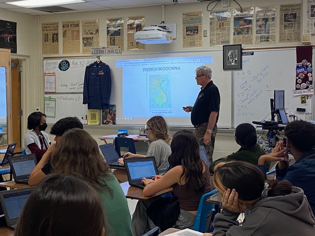 LDB_SocSt's tweet photo. Mrs. Pluenneke's AP/IB U.S. History classes hear from David Lowder, USAF Vietnam War F-4 Phantom fighter pilot, about the Vietnam War. https://t.co/jiOFPopWrr