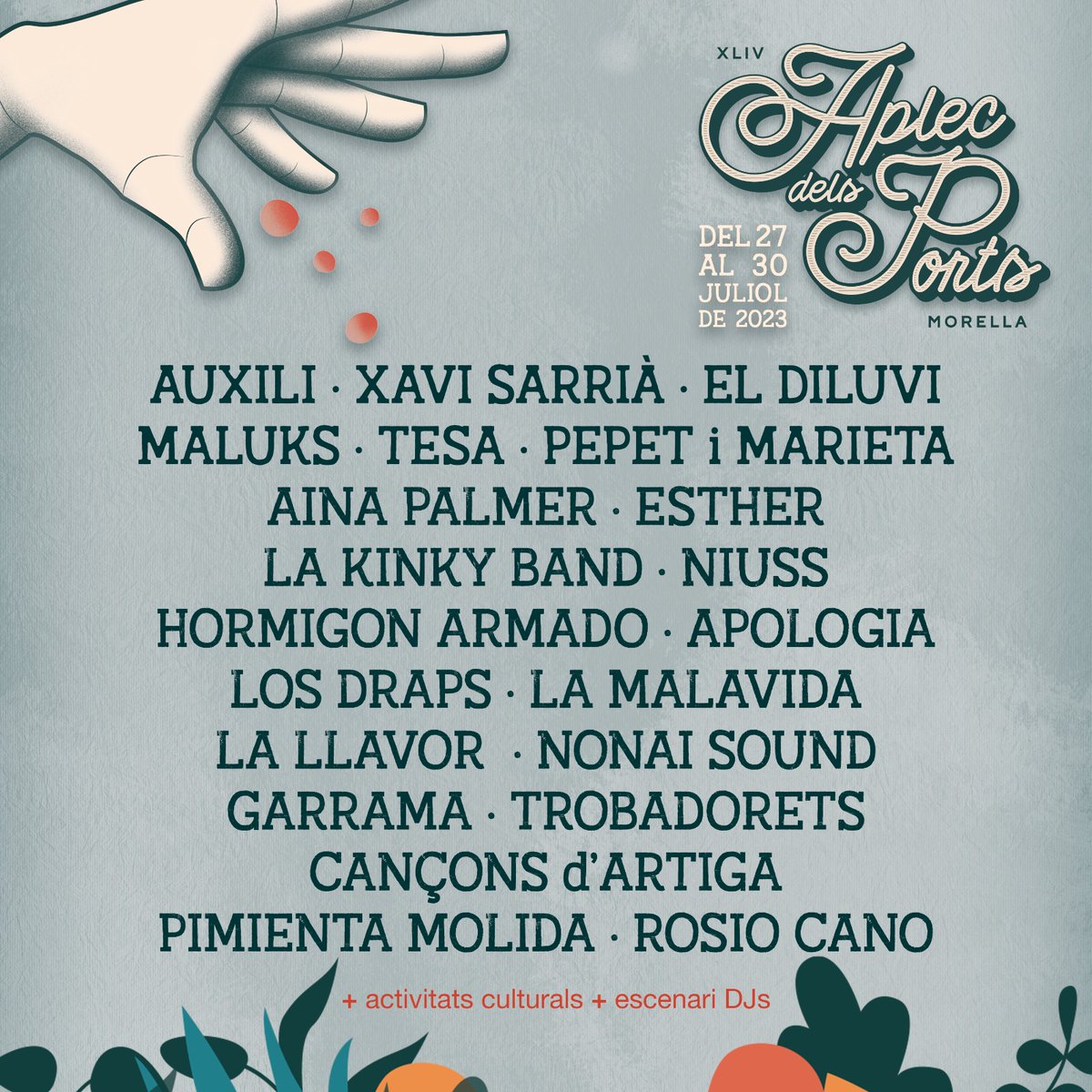 📢Aplequeres i aplequers, venim amb novetats!!!

🎸Us presentem el cartell amb els grups musicals que ens acompanyaran durant el 44é Aplec dels Ports!

📆 Us esperem del 27 al 30 de juliol a #Morella!!!