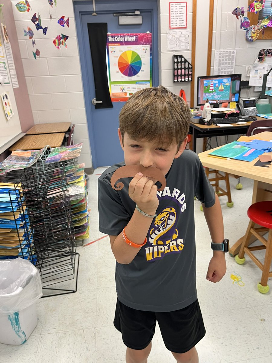 A little Friday fun in art class. His Viking ship doubles as a “sheriff’s mustache”. <a href="/CollierFineArts/">CCPS Fine Arts</a> <a href="/VineyardsVipers/">Vineyards Elementary</a>