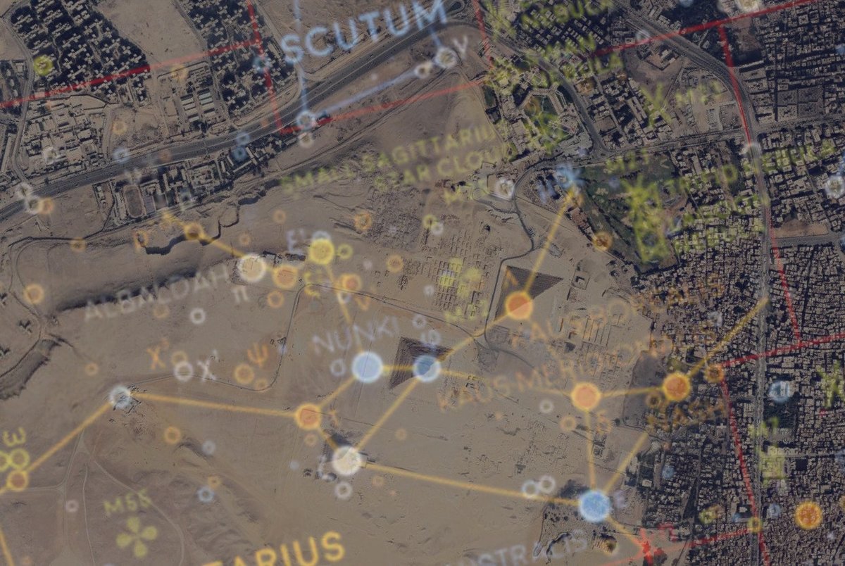 Les pyramides s'alignent avec pas mal tous les groupes de 3 étoiles légèrement décalées. Elles s'aligneraient aussi bien avec des constellations que trois patates lancées au hasard sur le prélart de la cuisine. Tenez j'ai fait ça en 5 minutes sur GIMP.
#Pseudoscience #égyptologie