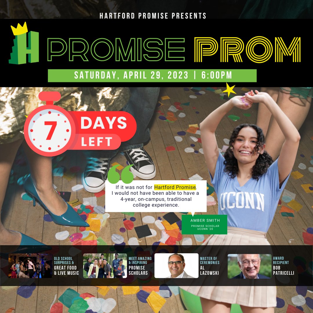 HartfordPromise's tweet photo. 1 week left to get tickets for #PromiseProm!
Join us April 29th for a fun evening hosted by Al Lazowski @lazparking, live music by @shadedsoulband, cocktails, great food, Scholar stories, awards, & @djkotic1!
Dance and INVEST in Hartford's best students:
https://t.co/W5i5XSpqfY https://t.co/qzxMvp5NKz