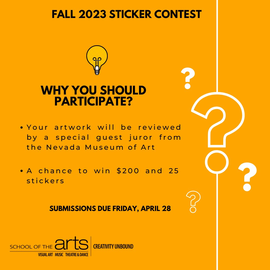 UNR School of the Arts (@unrarts) on Twitter photo Submissions are open and due Friday, April 28! Send us your best work. Visit unr.edu/school-of-arts… to know more about the contest guidelines. If you have any questions, you can also contact us at: arts@unr.edu
#StickerContest #PackPride #SOTA #UNR #StickerContestFall2023 Submissions are open and due Friday, April 28! Send us your best work. Visit unr.edu/school-of-arts… to know more about the contest guidelines. If you have any questions, you can also contact us at: arts@unr.edu
#StickerContest #PackPride #SOTA #UNR #StickerContestFall2023