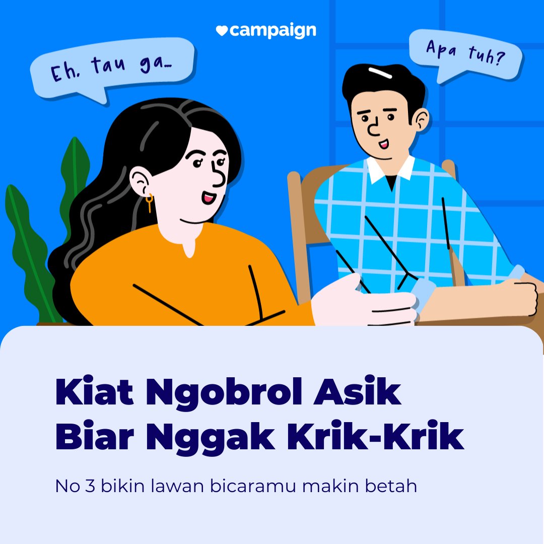 campaign_id's tweet photo. Eits tenang, Champ mau bagi tips biar obrolan kamu gak garing. Yuk, klik link ini untuk tahu lebih lengkap!
https://t.co/YXzPBnWVkf
#Obrolan #Introvert #BasaBasi https://t.co/8i7xZlpJ1k