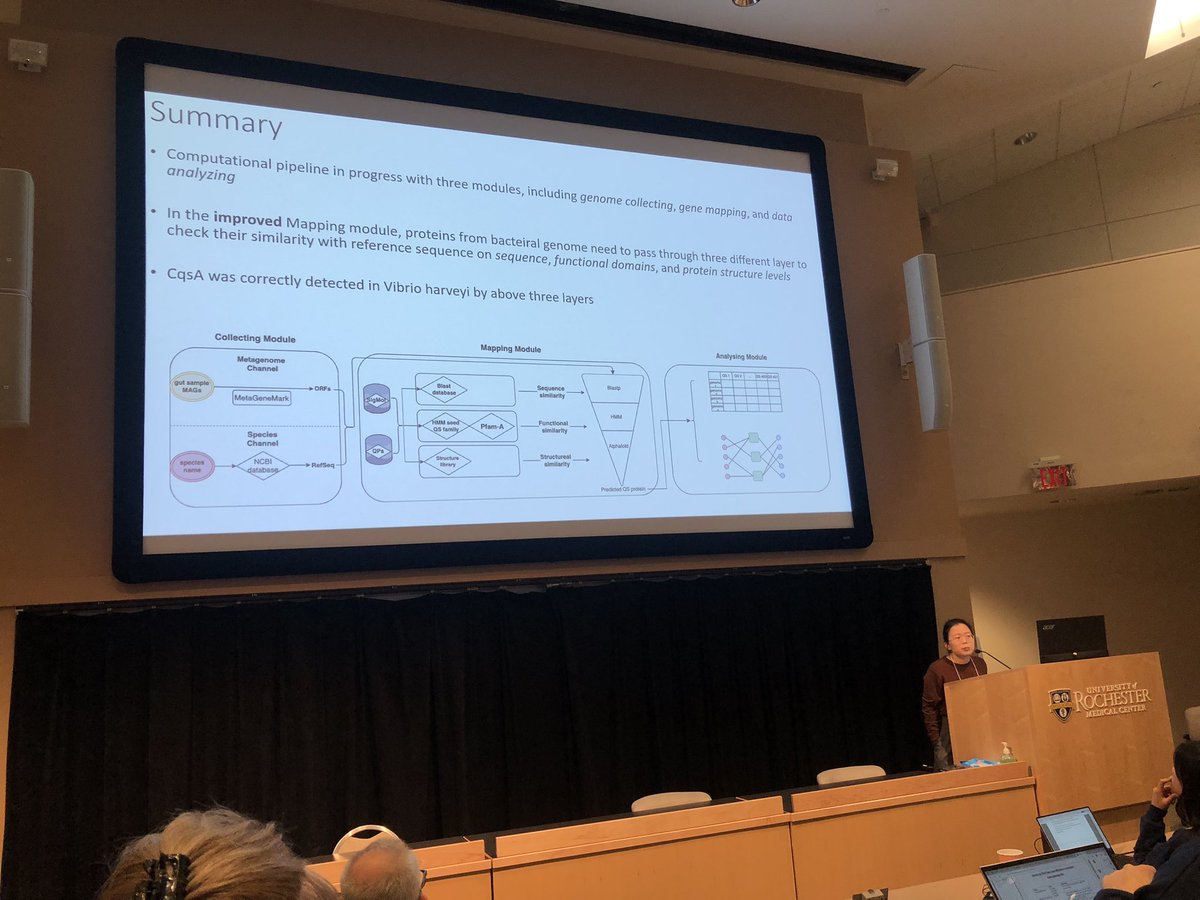 We rounded out the morning session hearing about Caichen Duan’s (NYU) work developing a pipeline for mapping quorum signaling molecules in the gut microbiome, in other words — “who can talk to who”? Fantastic! #FiLMS2023