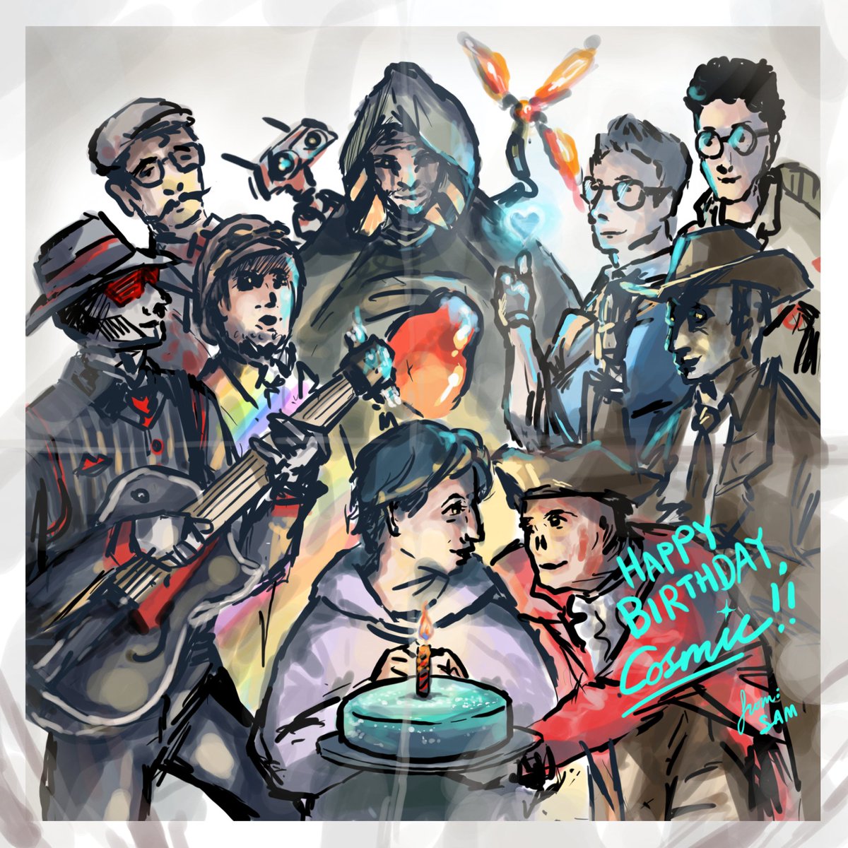 CosmicClaireA's tweet photo. Big #ThankYou to my BFF &amp; wonderful #artist, @SamFrancisPo for this awesome birthday #art! Me with some of my fave characters!
#TheSpine #SteamPoweredGiraffe, #ProfessorElemental, #MisterB, #BD1, #HiggsMonaghan, #Heartman #DeathStranding, #Egon, #NickValentine #fallout4, #Hancock https://t.co/VFwKYICSbx