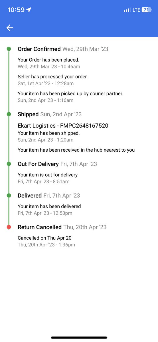 Suhelkhanbpl's tweet photo. @delhivery I ordered a parcel from flipkart which I returned and request was accepted in 10 days and return request came in delhivery courier but I didn't get any call and it was canceled now I can't return my parcel because its The return policy has expired and my parcel was of Rs.6009. https://t.co/r6WX4cHDYI