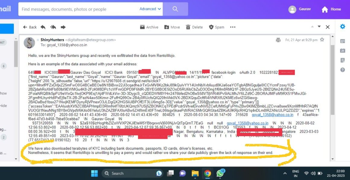 ggoyal14's tweet photo. There has been a large scale data breach including bank details at @rentomojo Hackers have threatened to make the info public. If there will be any losses due to this breach, @rentomojo will have to make that good. Hope you guys @rentomojo put a better system/security in place https://t.co/LP501CKukS