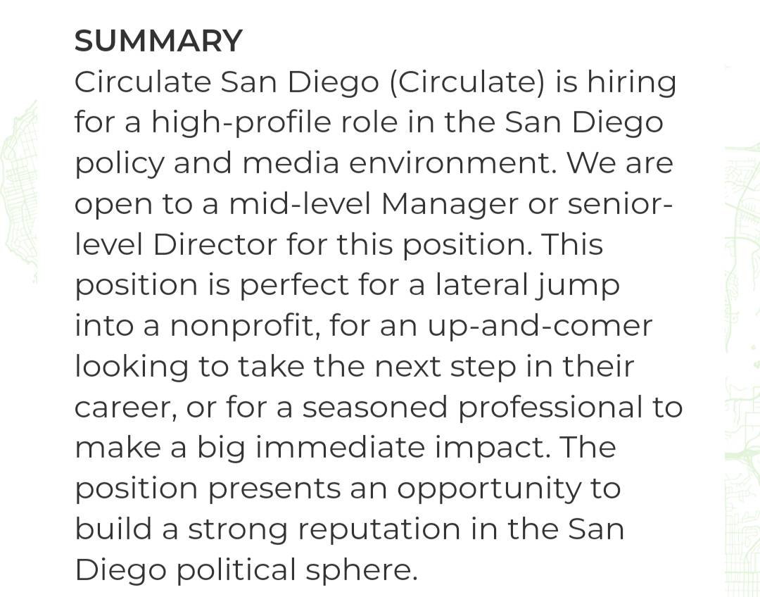 Folks, @CirculateSD is hiring the next leader of our policy research and advocacy efforts. This is a big, high profile job. It's an opportunity to make change in San Diego and throughout California. Please take a look, and share with your network! circulatesd.org/work_with_us_d…