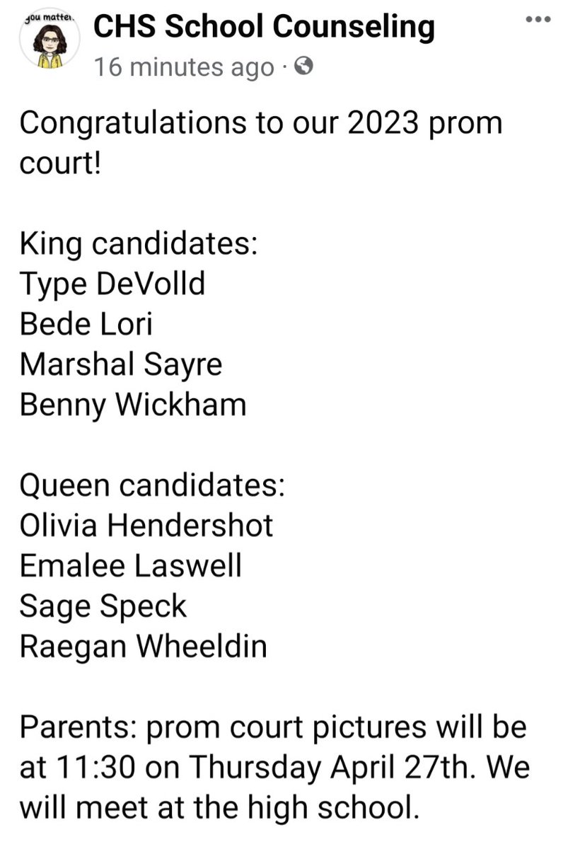 MrsWellsCHS's tweet photo. Congrats to our 2023 prom court!! https://t.co/J3x9N0eY3j