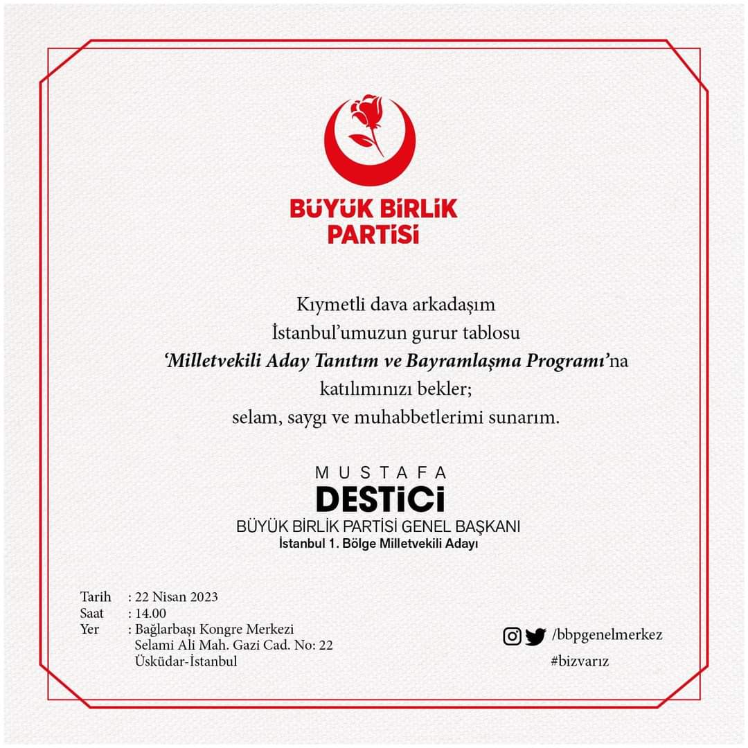 EmadDernegi's tweet photo. Sayın @Mustafa_Destici davetlisi olarak yarın Bayramlaşma ve Milletvekili Aday Tanıtım programına davet edildik. Program sonunda Cumhur İttifakında olan Sayın Genel Başkan Mustafa Destici ile yönetim ekibimiz toplantı yapacaktır. Etkinliğe tüm kitlemizi bekliyoruz. 
Saat 13:30 da Bağlarbaşı Kongre Merkezi önünde bekliyoruz herkesi. 
Adres Bilgisi içeren davetiye ektedir.
@bbpgenelmerkez @Kemal_ucuncu @DursunCaglayan_