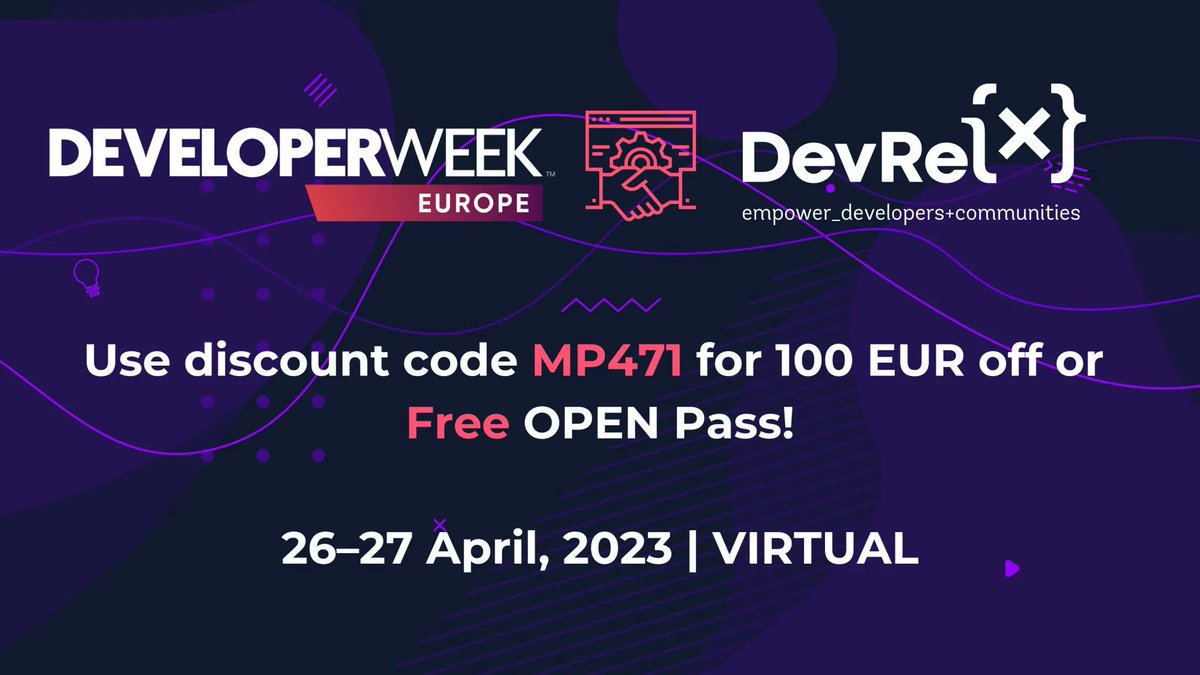 SlashDataHQ's tweet photo. Don't miss out on the biggest European conference hosted by our friends at DeveloperWeek on April 26-27! Use discount code MP471 for 100 EUR off or Free OPEN Pass! Register here 👉  https://t.co/dgHq8dIuI1 #DevRelX https://t.co/BQ1448FHUw