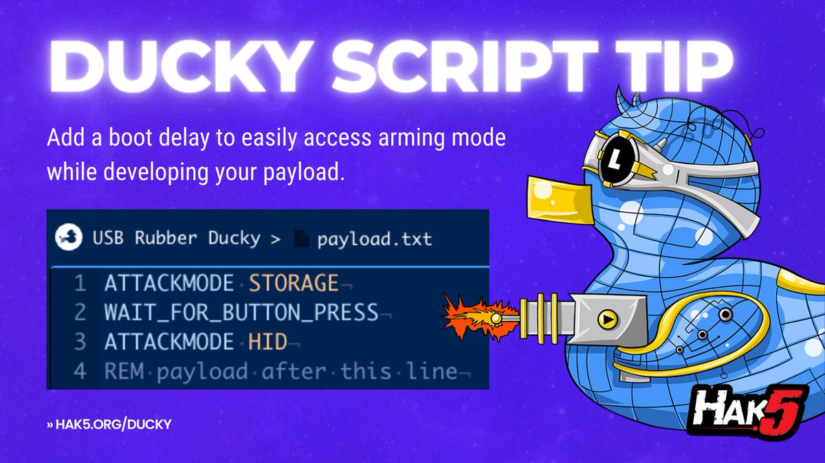 Hak5's tweet image. Boost your USB Rubber Ducky development skills with Arming Mode trick -- perfect for payload testing! 💻🦆 #USBRubberDucky #ArmingMode #DevelopmentTricks #DuckyScript docs.hak5.org/hak5-usb-rubbe…