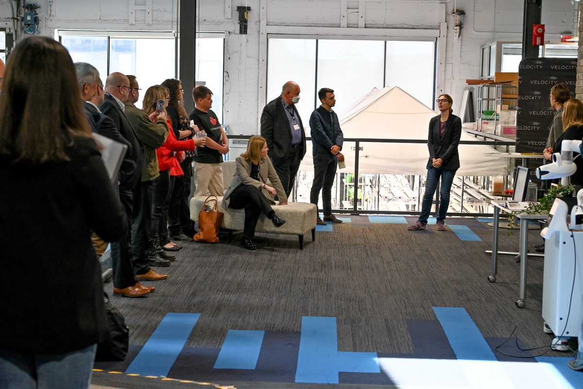 UWVelocity's tweet photo. Today Velocity welcomed Ontario's Big City Mayors who toured our downtown Kitchener space and met with founders of @EquatorMaps, @CeragenGrow, @thealttex,  and @cobionix. https://t.co/DLaDE6vrOf
