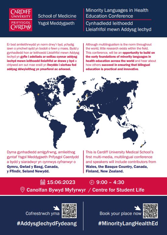 Prifysgol Caerdydd. Ysgol Meddygaeth.
Cynhadiedd Ieithoedd
Lleiafrifol mewn Addysg Iechyd
<a href="/prifysgolCdydd/">Prifysgol Caerdydd</a> 
15/06/2023 Caerdydd