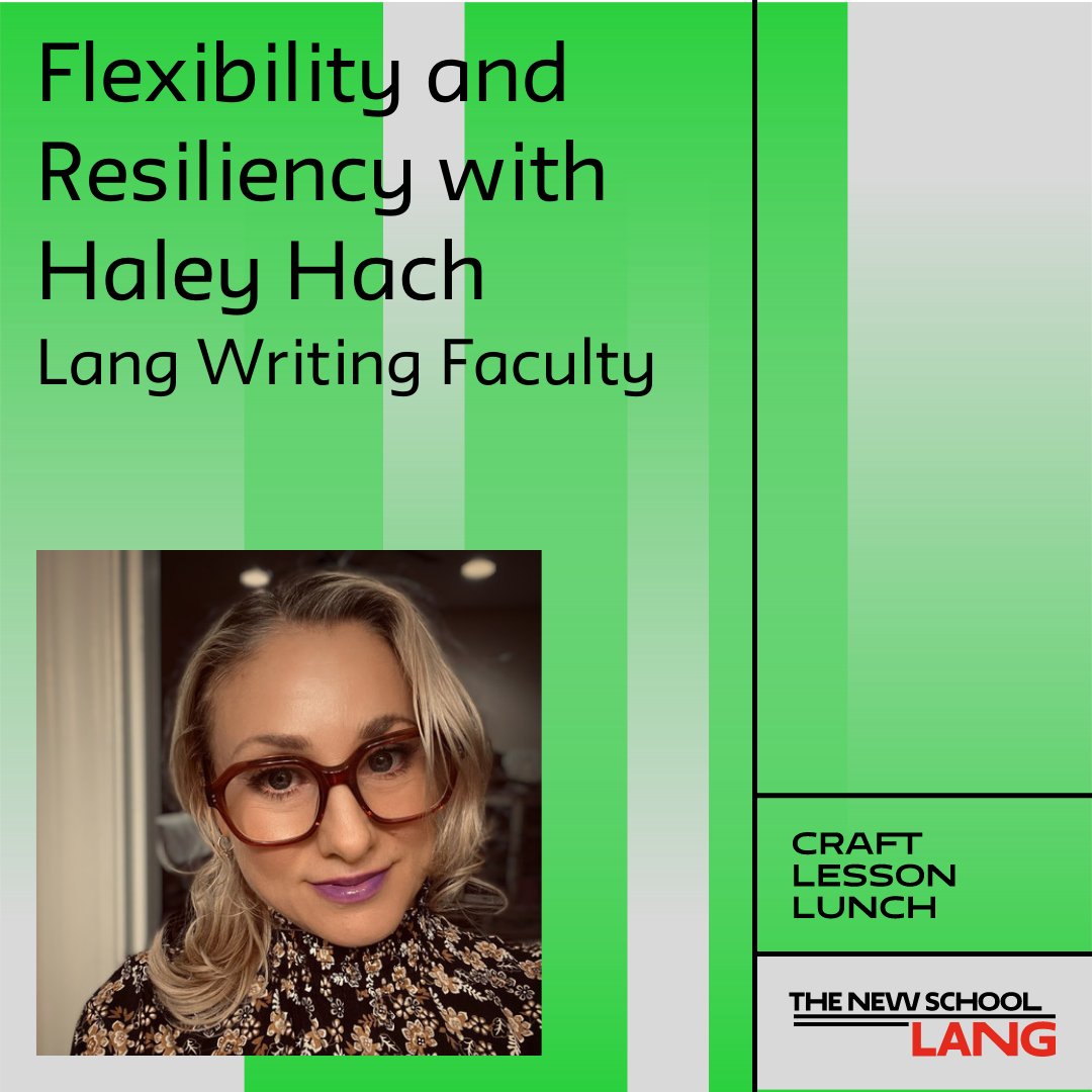 Eugene Lang College (@eugenelang) on Twitter photo Our #CraftLessonLunch series continues with #LangFaculty Haley Hach, discussing flexibility and resiliency in Creative Writing.
📅 APR 24 @ 12:30 PM EDT
🔗 Register: bit.ly/3UZZwej
#NerdyLang #TheNewSchool Our #CraftLessonLunch series continues with #LangFaculty Haley Hach, discussing flexibility and resiliency in Creative Writing.
📅 APR 24 @ 12:30 PM EDT
🔗 Register: bit.ly/3UZZwej
#NerdyLang #TheNewSchool