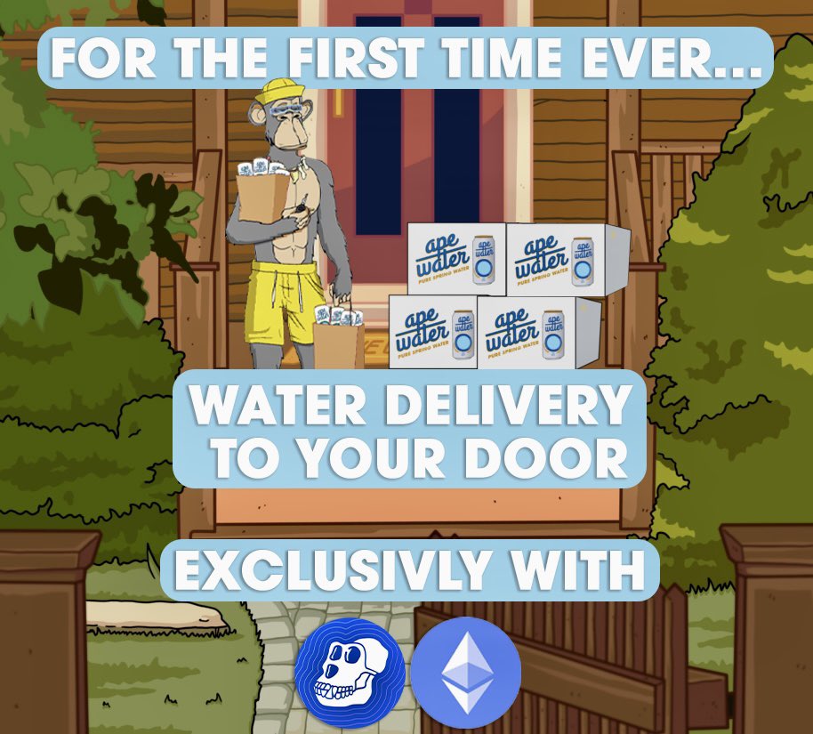 ApeBeverages's tweet photo. Gm, 

🎫 The Water Club Pass is here!

🥳 Win a free pair of Water Club passes for you and a friend by:

💧 Tagging a friend that you’d share an Ape Water with 
💧 Like + RT

#HydrateResponsibly exclusively with $APE + $ETH https://t.co/BC7UgJpa3l