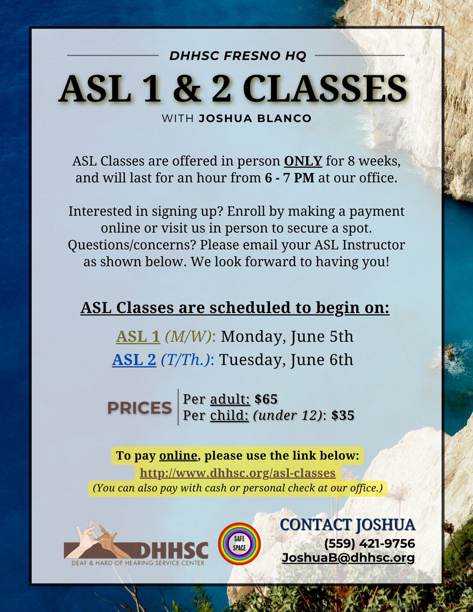 DHHSCtweets's tweet image. *NEW ASL CLASSES THIS SUMMER!*
Full message: instagram.com/p/CrTqm-Xhvo3/…
See you then!
#DHHSC #FresnoHeadquarters #ASLClasses #ASLTutoring #ASL #AmericanSignLanguage #Learning #Skill #Summer