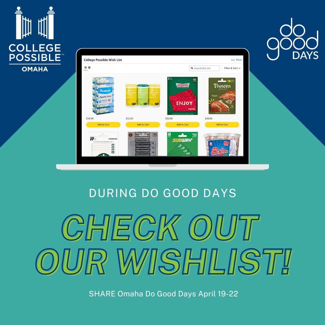 CollPossibleOMA's tweet image. Make a difference during Share Omaha's Do Good Days! Check out College Possible's Amazon Wish List amzn.to/3GOn7Zu or donate at bit.ly/3L6Mus8 to support our mission. Thank you for your generosity! #DoGoodDays #ShareOmaha #CollegePossible