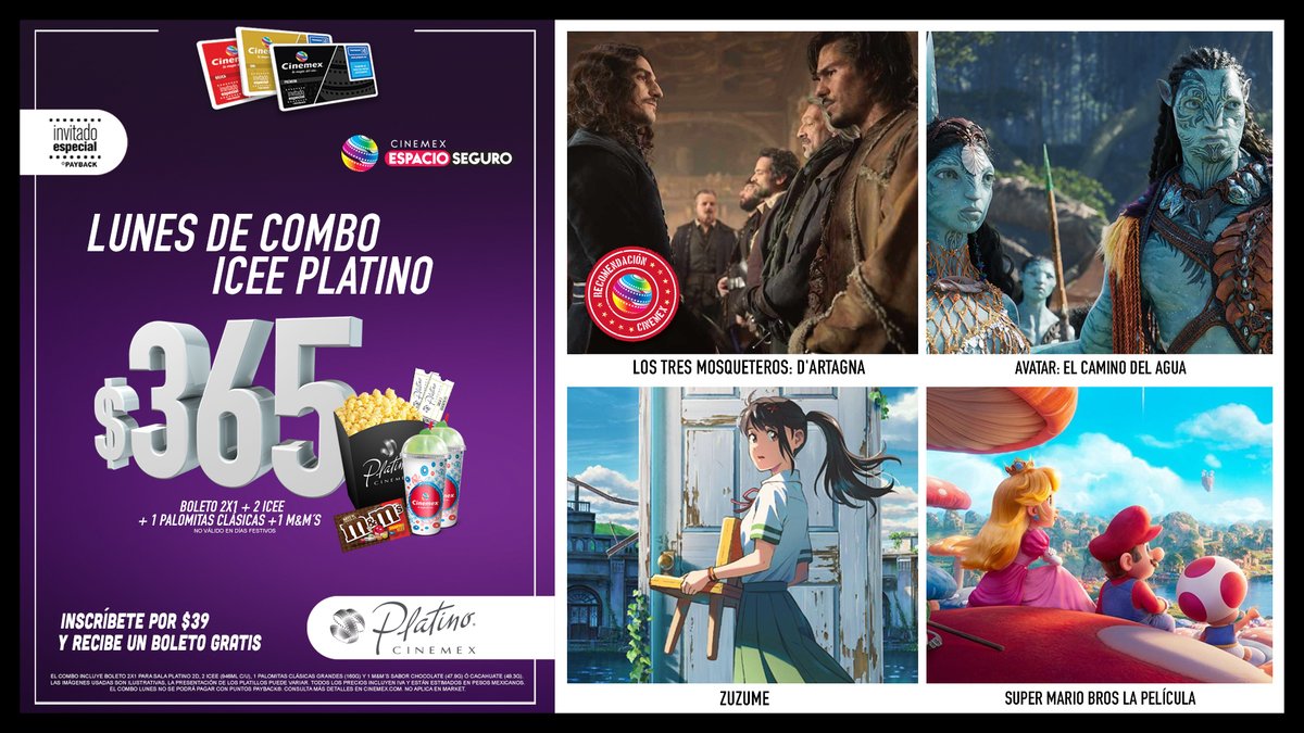 Cinemex's tweet photo. Los lunes son lo máximo con el combo lunes de Cinemex. Boletos, combo y #VolverAlFuturoEnCinemex, consulta los horarios en la app y nos vemos al rato. 😎 https://t.co/89elnjzxHm
