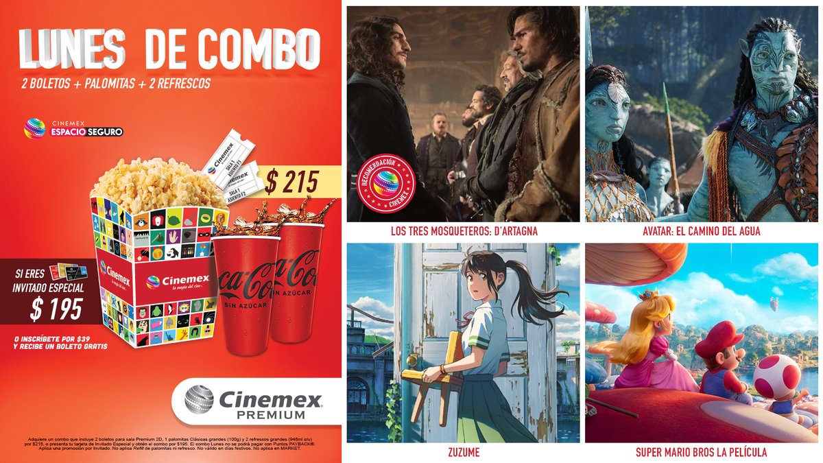 Cinemex's tweet photo. Los lunes son lo máximo con el combo lunes de Cinemex. Boletos, combo y #VolverAlFuturoEnCinemex, consulta los horarios en la app y nos vemos al rato. 😎 https://t.co/89elnjzxHm