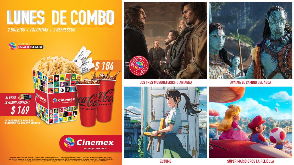 Cinemex's tweet photo. Los lunes son lo máximo con el combo lunes de Cinemex. Boletos, combo y #VolverAlFuturoEnCinemex, consulta los horarios en la app y nos vemos al rato. 😎 https://t.co/89elnjzxHm