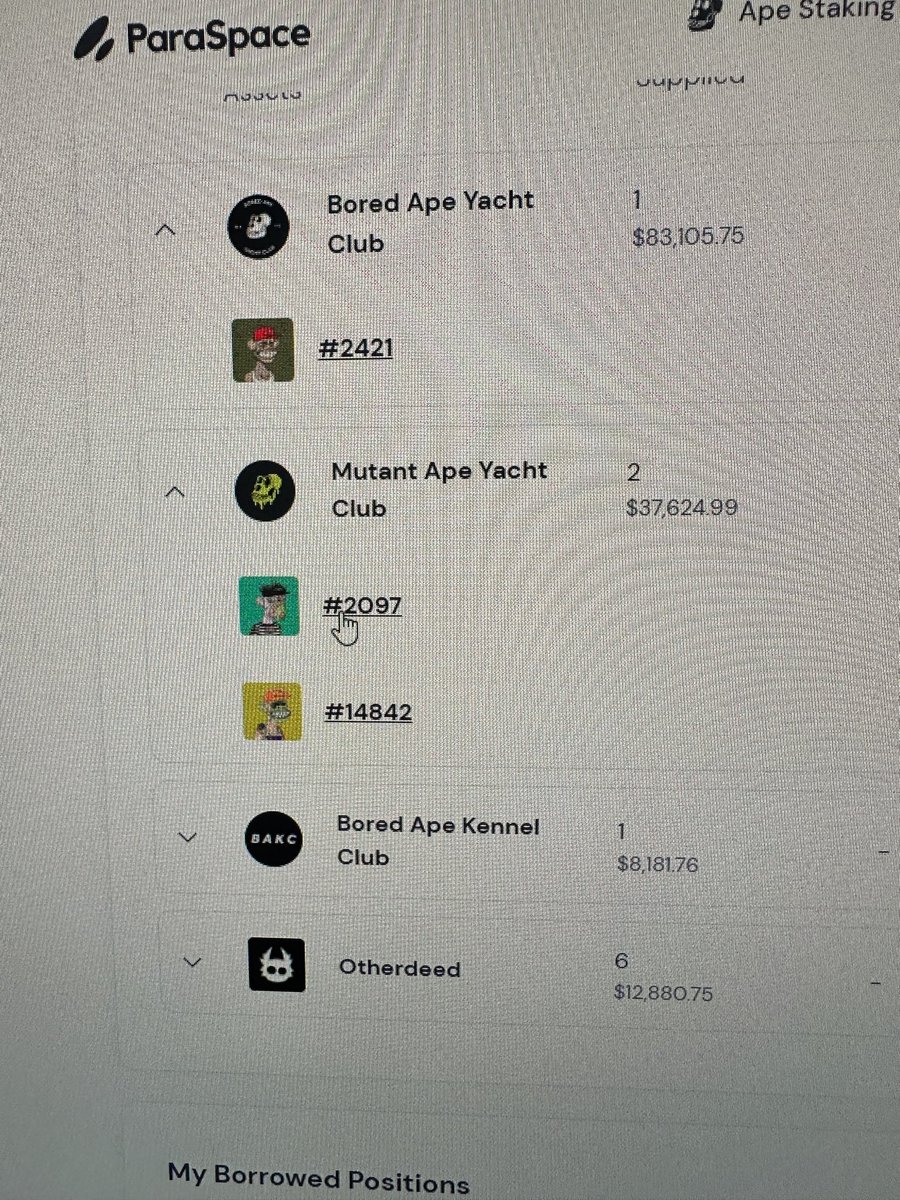 如果你現在卡在 #Benddao  清算邊緣，也許可以像我一樣的方式喘口氣，剛剛我的MAYC跟BAYC基本上都在 Benddao很危險了（睡不著的那種），感謝群友提出可以轉移到Para，外加另一個群友江湖救急...

以下敘述稍早情況，
BAYC清算地板價格 42
MAYC清算地板價格 8.x